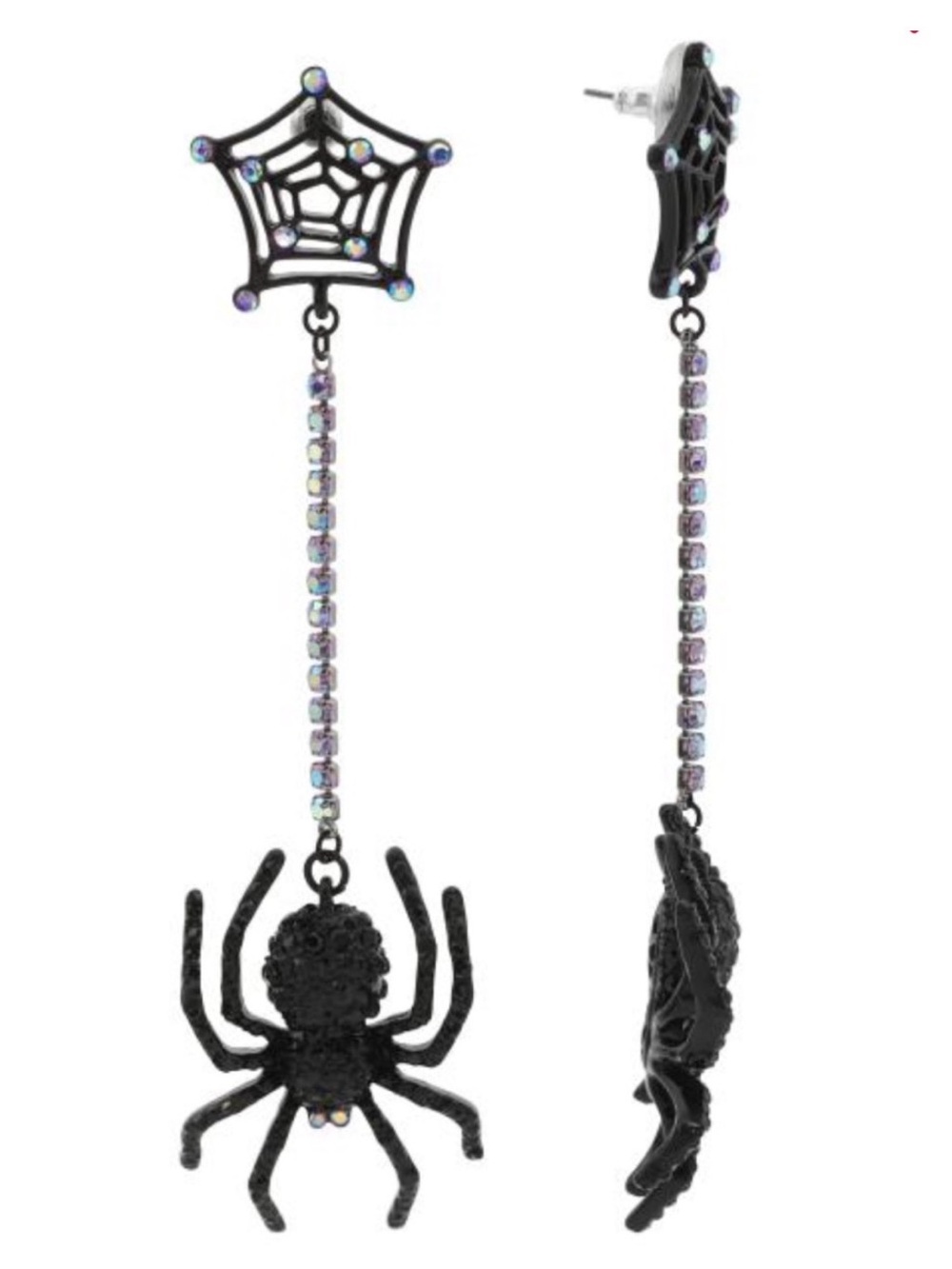 Betsey Johnson Black Spider Web Drop Earrings with Iridescent Rhinestones
